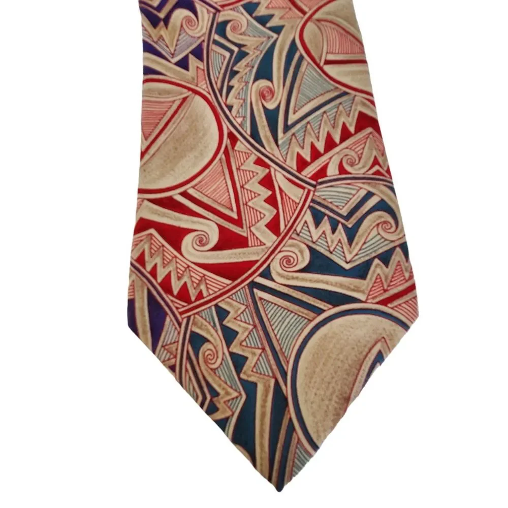 PAUL FREDRICK Handmade in‎ USA 100% Silk Men's Abstract Tan Red Green Necktie
